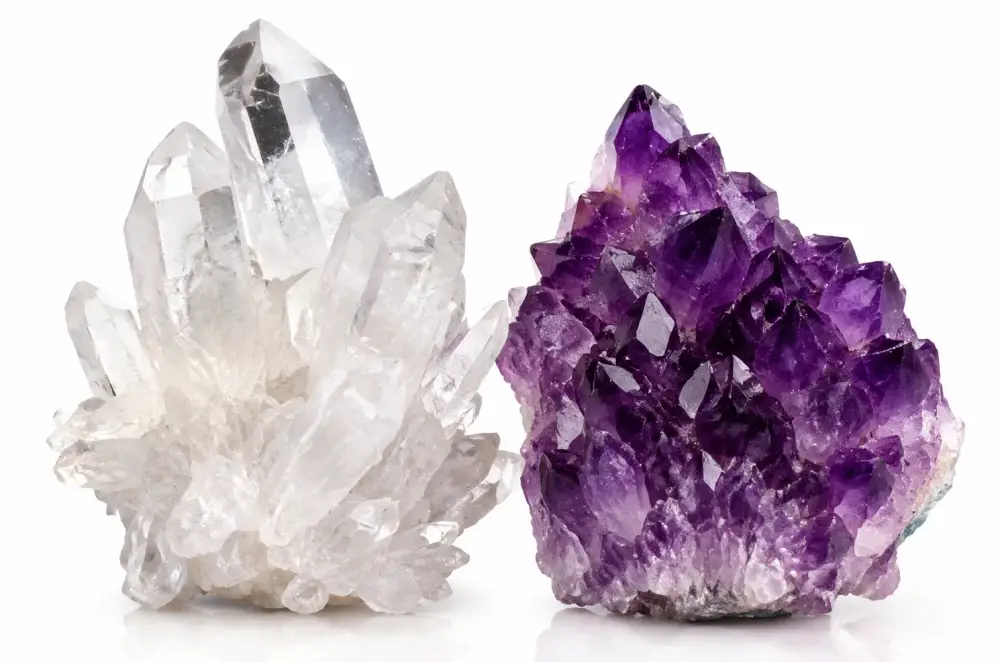 Raw quartz and amethyst crystal clusters