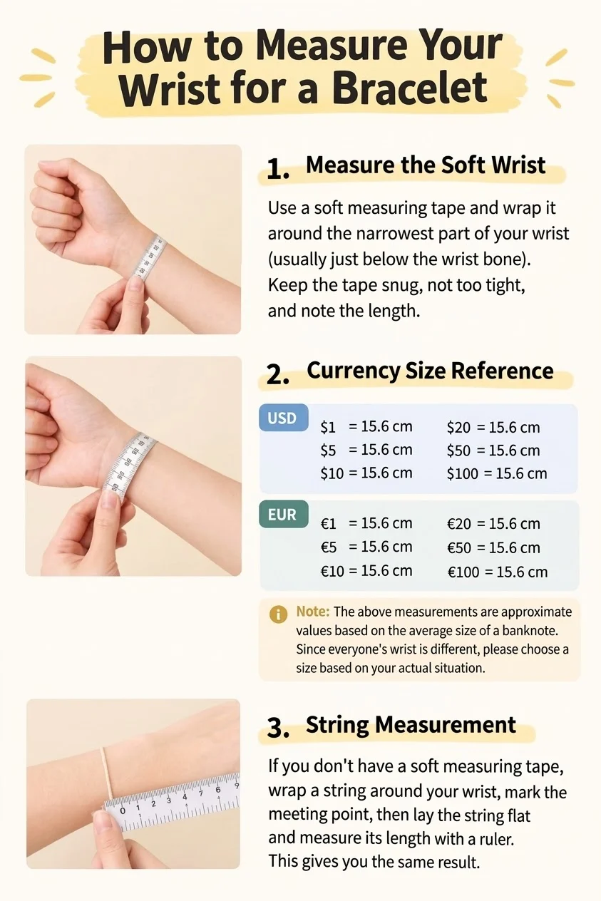 How to measure your wrist: soft tape, a banknote as a reference, or a string and a ruler