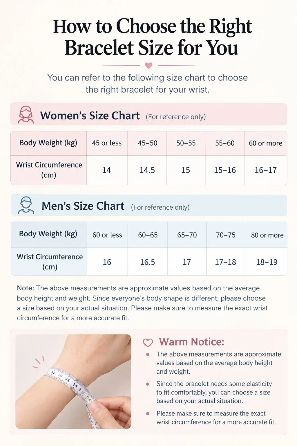 Bracelet size chart: women's and men's wrist circumference by body weight